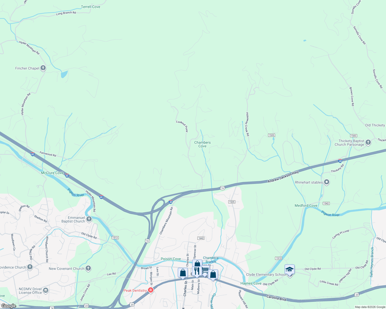 map of restaurants, bars, coffee shops, grocery stores, and more near 1254 Chambers Mountain Road in Clyde