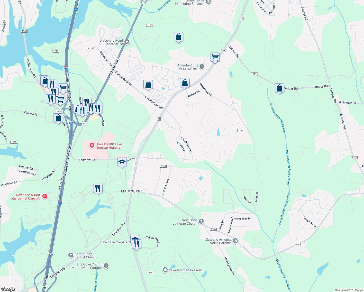 map of restaurants, bars, coffee shops, grocery stores, and more near 150 Oxford Drive in Mooresville