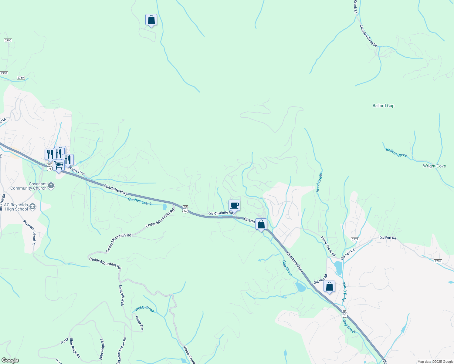 map of restaurants, bars, coffee shops, grocery stores, and more near 99999 Hawks Branch Circle in Fairview