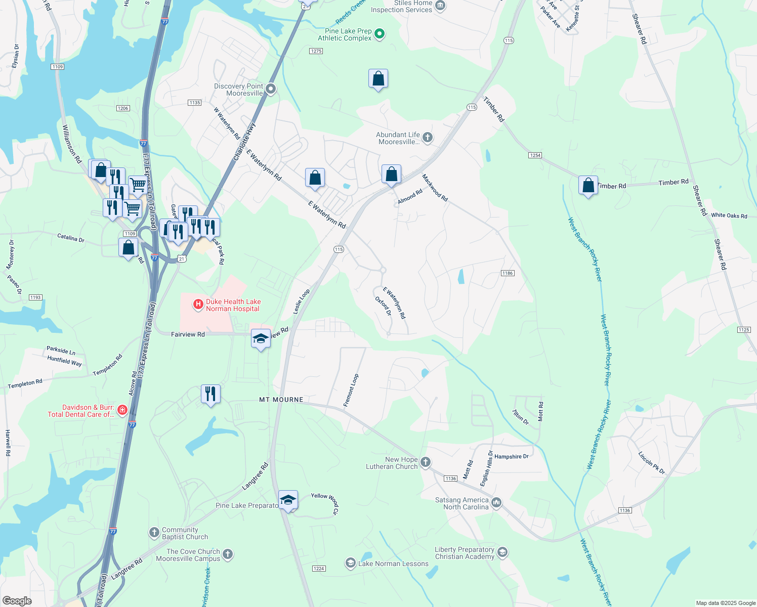 map of restaurants, bars, coffee shops, grocery stores, and more near 132 Oxford Drive in Mooresville