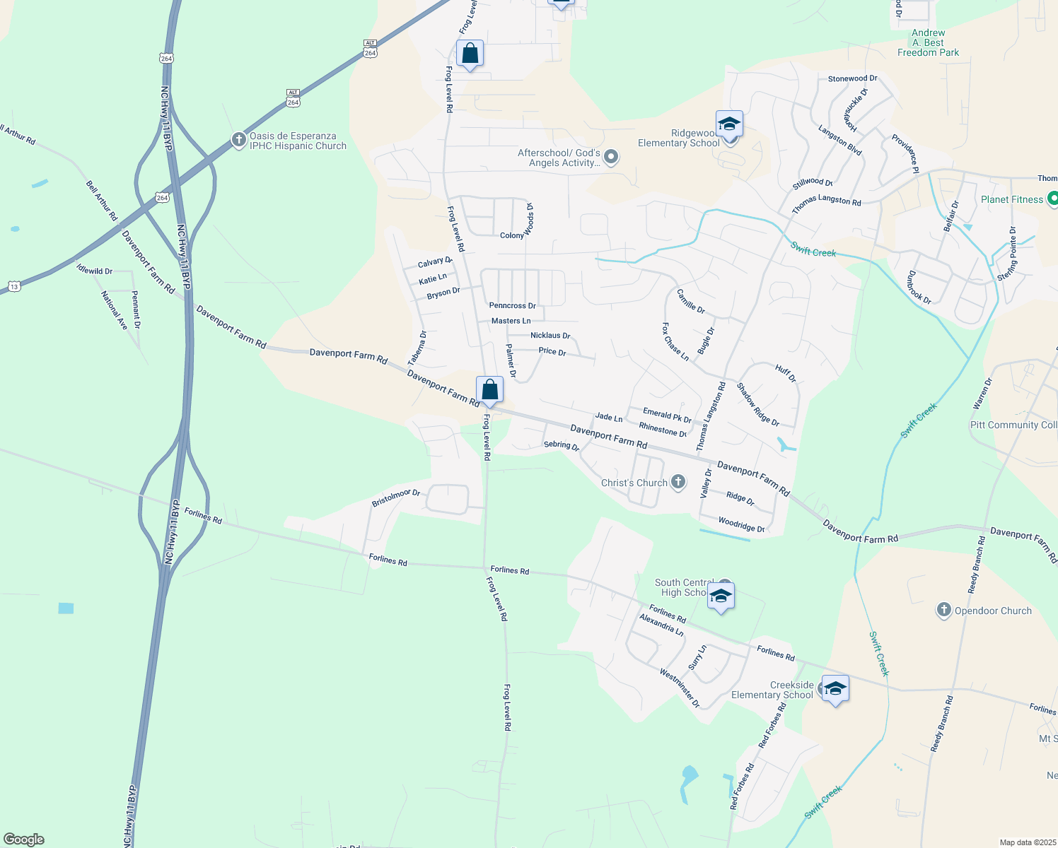 map of restaurants, bars, coffee shops, grocery stores, and more near 916 Selwood Ln in Winterville