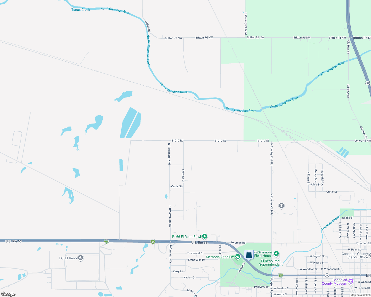 map of restaurants, bars, coffee shops, grocery stores, and more near 1408 Skyview Drive in El Reno