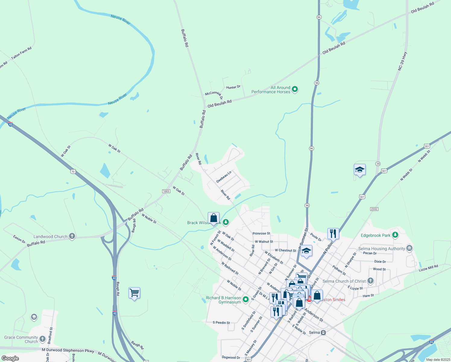 map of restaurants, bars, coffee shops, grocery stores, and more near 107 Shady Grove Court in Selma