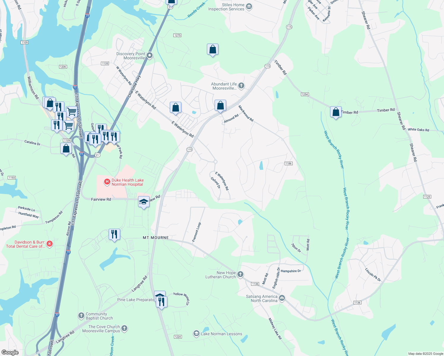 map of restaurants, bars, coffee shops, grocery stores, and more near 376 East Waterlynn Road in Mooresville