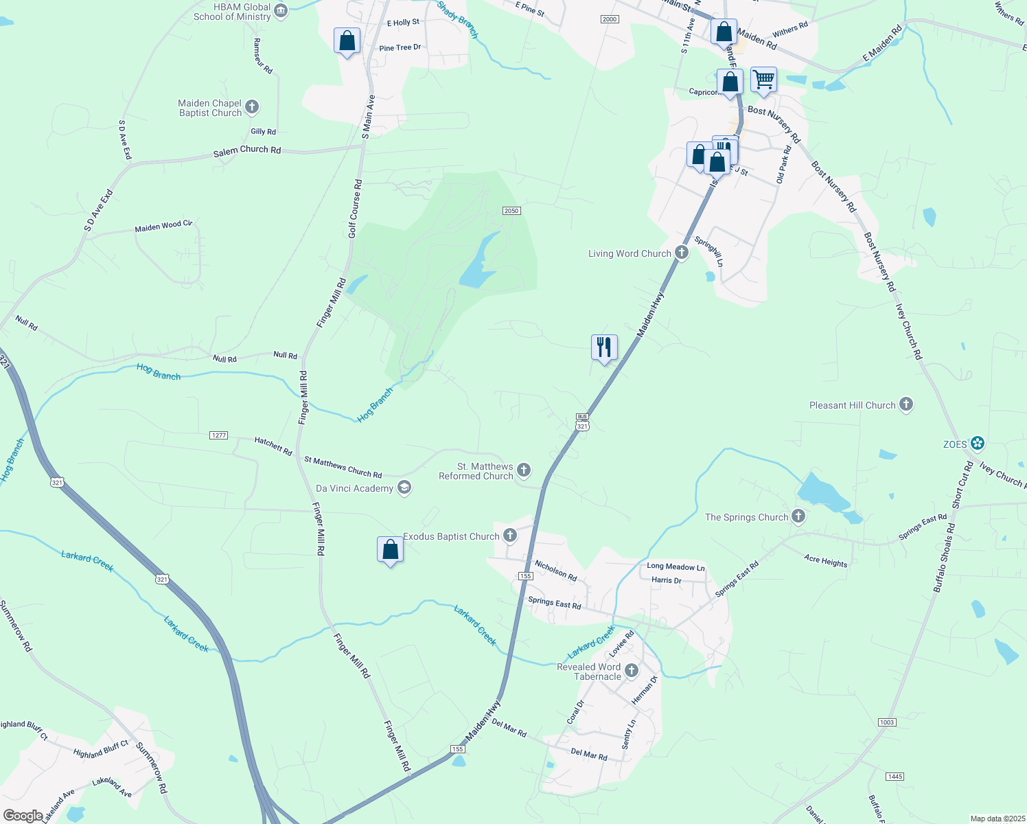 map of restaurants, bars, coffee shops, grocery stores, and more near 3439 Glenwood Ln in Maiden