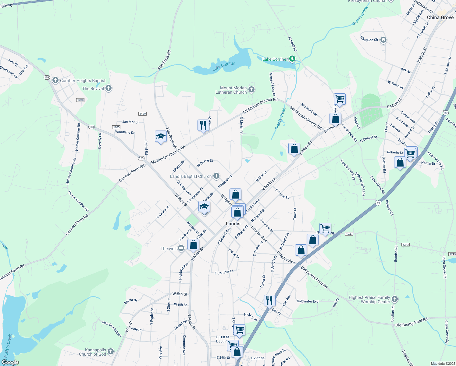map of restaurants, bars, coffee shops, grocery stores, and more near 202 North Meriah Street in Landis