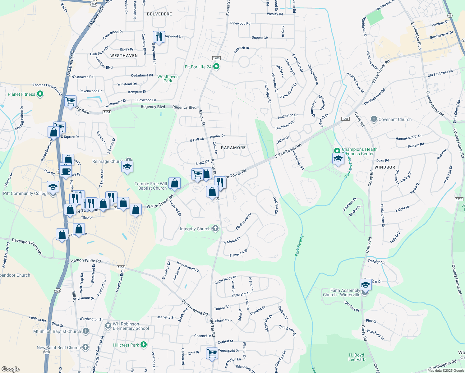 map of restaurants, bars, coffee shops, grocery stores, and more near 812 Hidden Branches Close in Winterville
