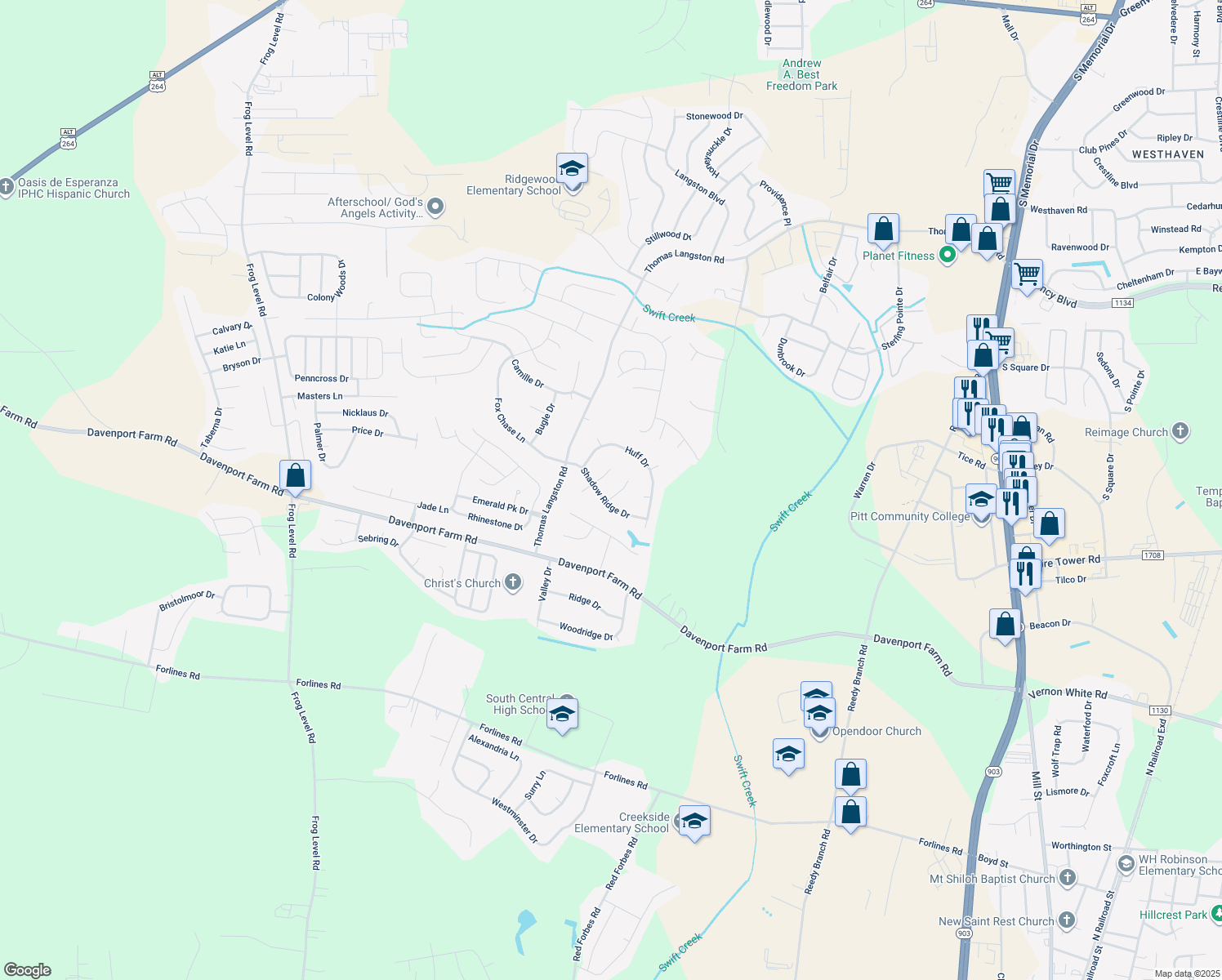 map of restaurants, bars, coffee shops, grocery stores, and more near 2128 Cameron Court in Winterville