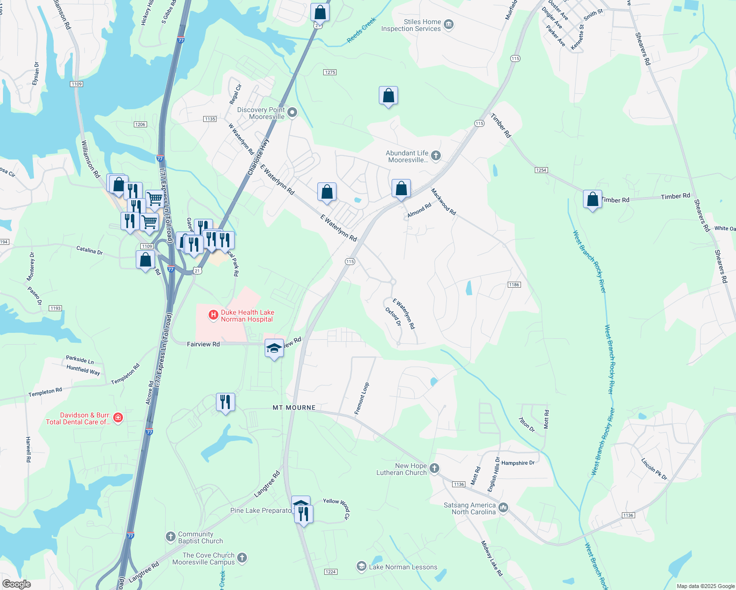 map of restaurants, bars, coffee shops, grocery stores, and more near 124 Alexandria Drive in Mooresville