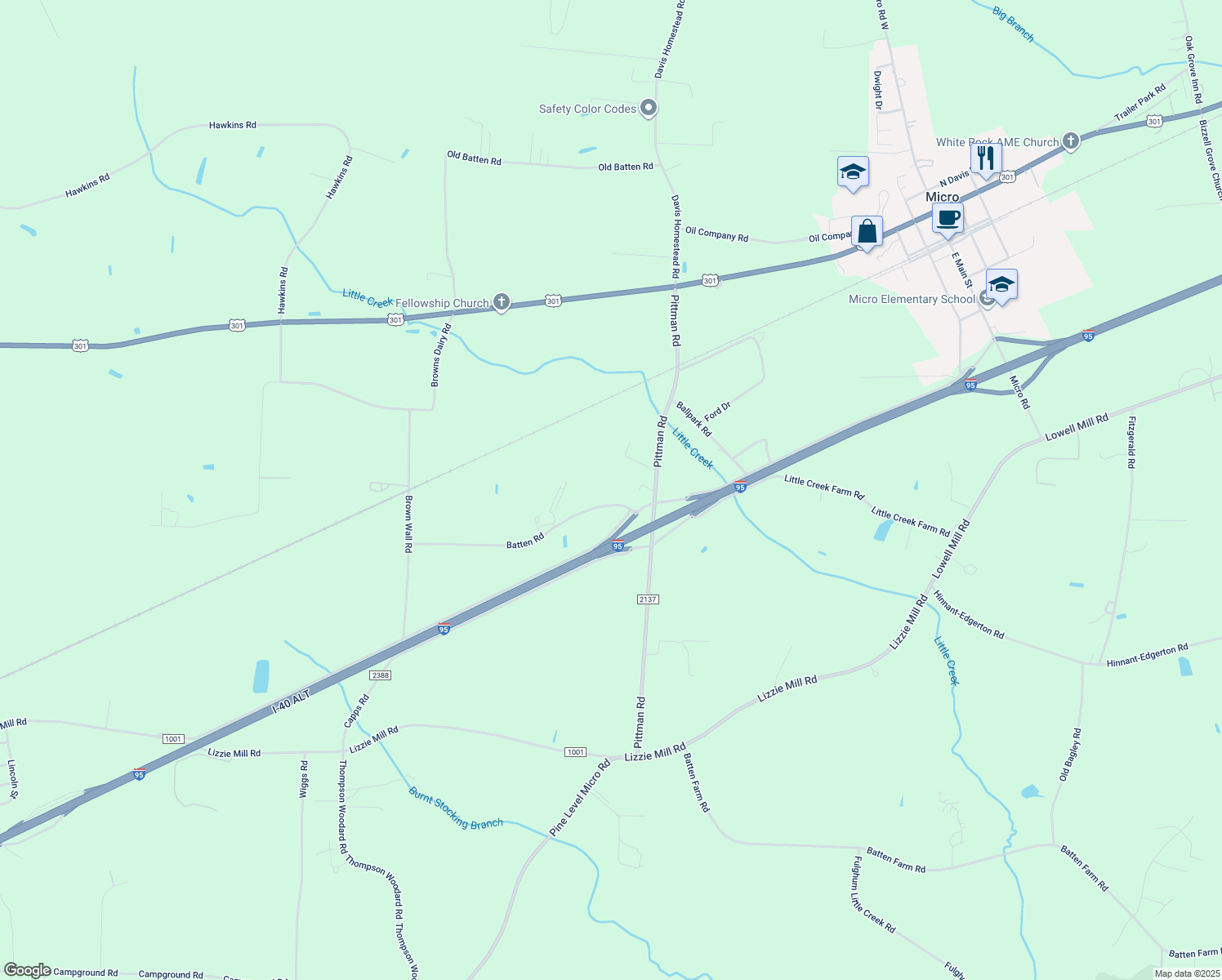 map of restaurants, bars, coffee shops, grocery stores, and more near 335 Batten Road in Selma