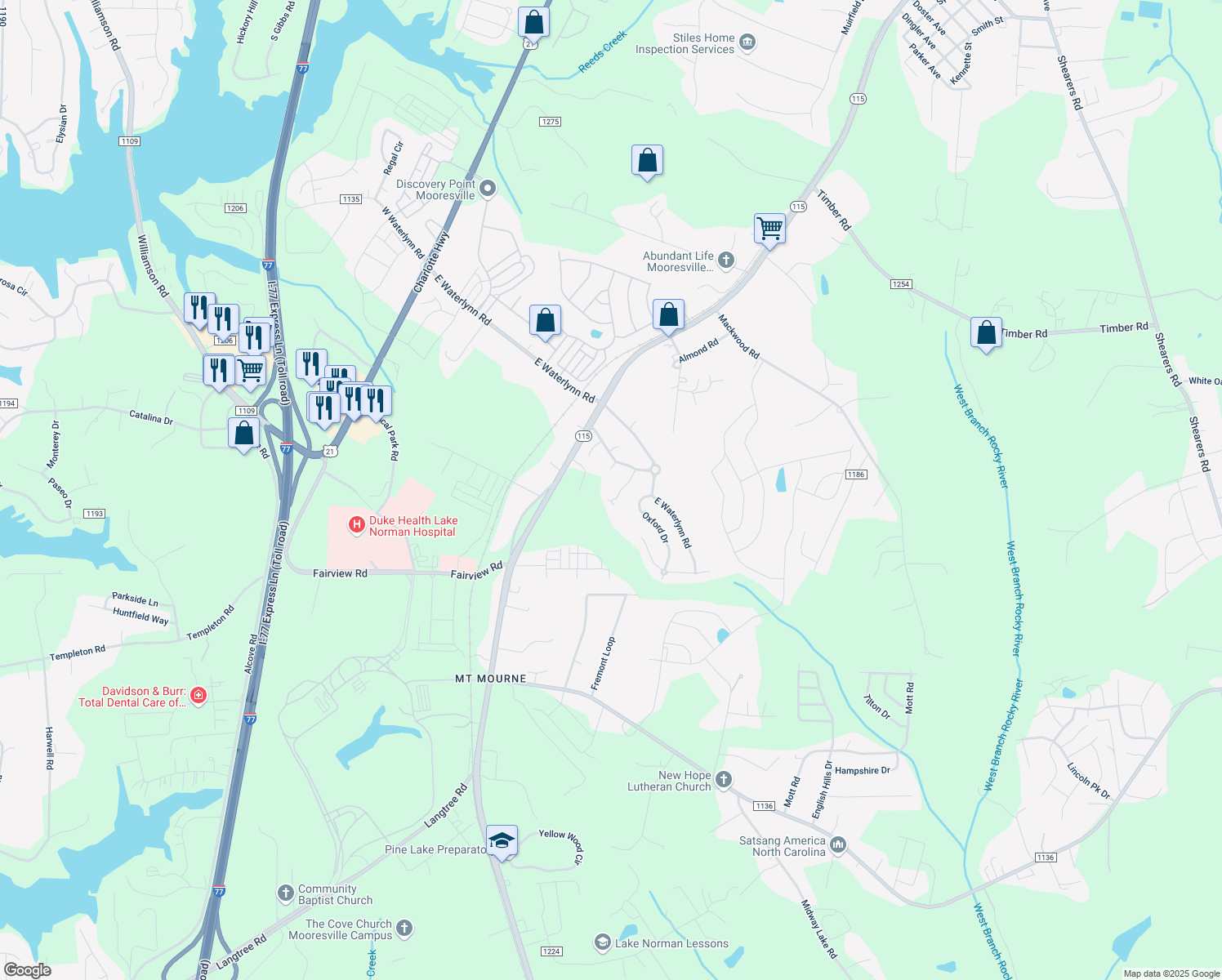 map of restaurants, bars, coffee shops, grocery stores, and more near 124 Alexandria Drive in Mooresville