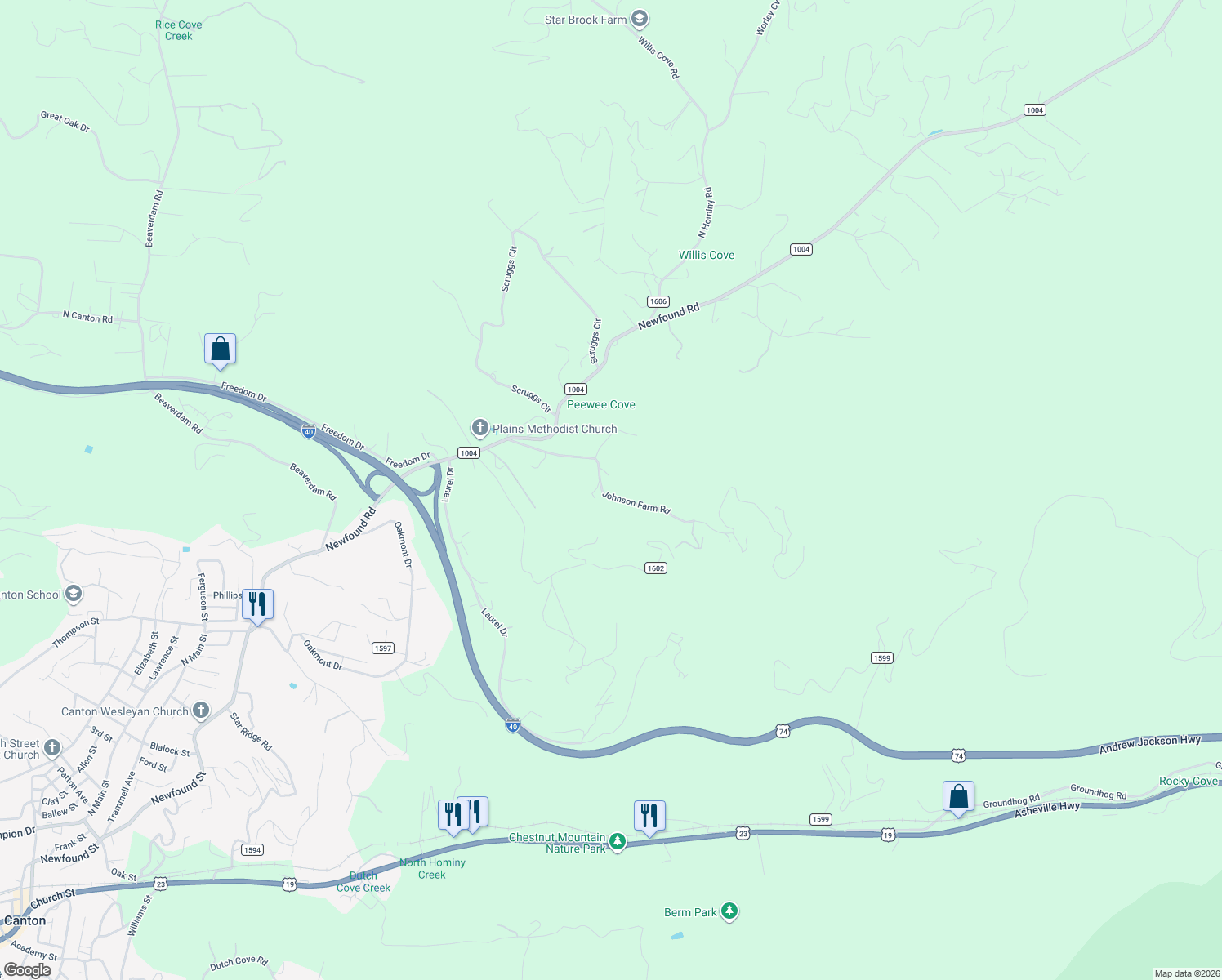map of restaurants, bars, coffee shops, grocery stores, and more near 407 Johnson Farm Road in Canton
