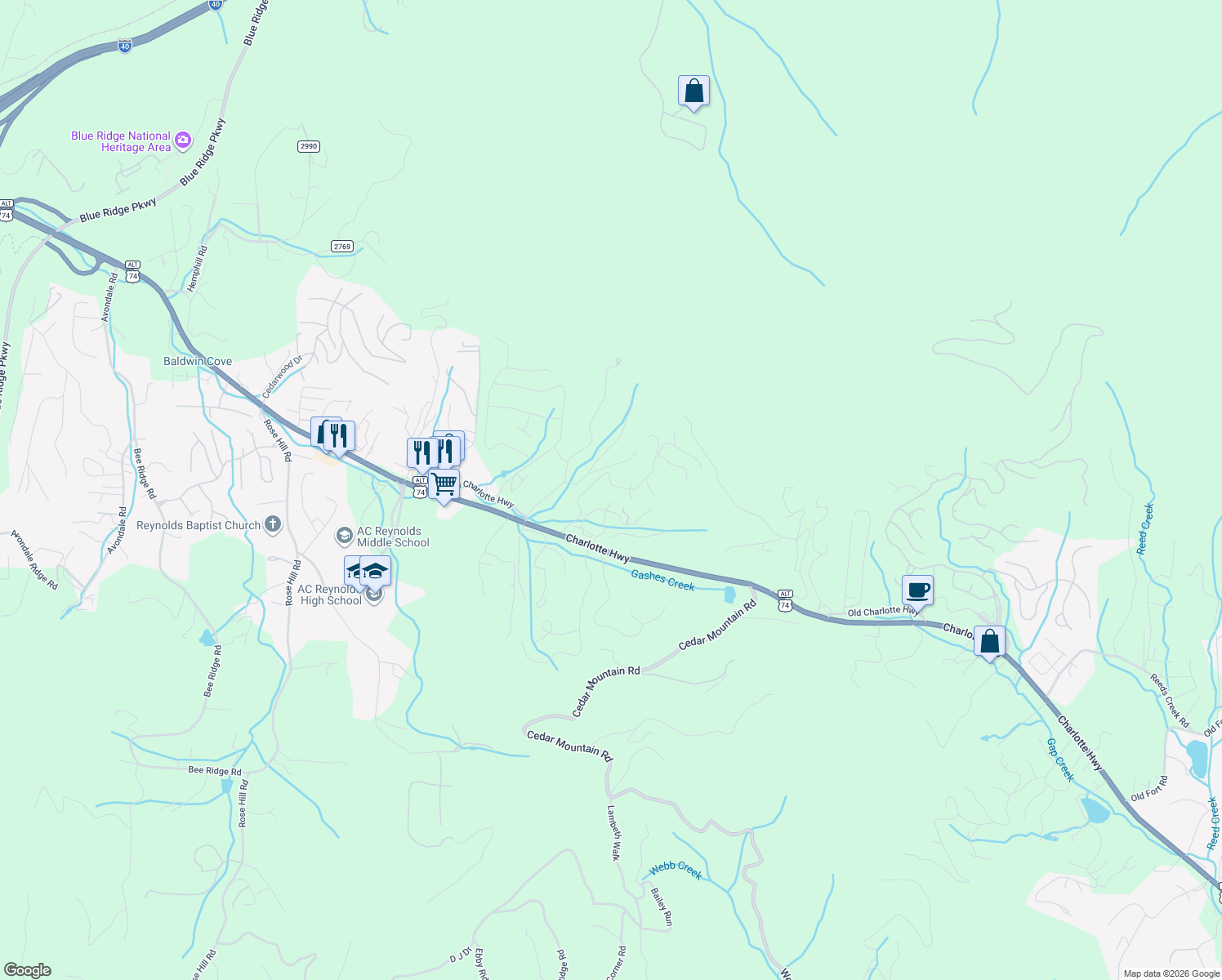 map of restaurants, bars, coffee shops, grocery stores, and more near 43 Cliffview Drive in Asheville