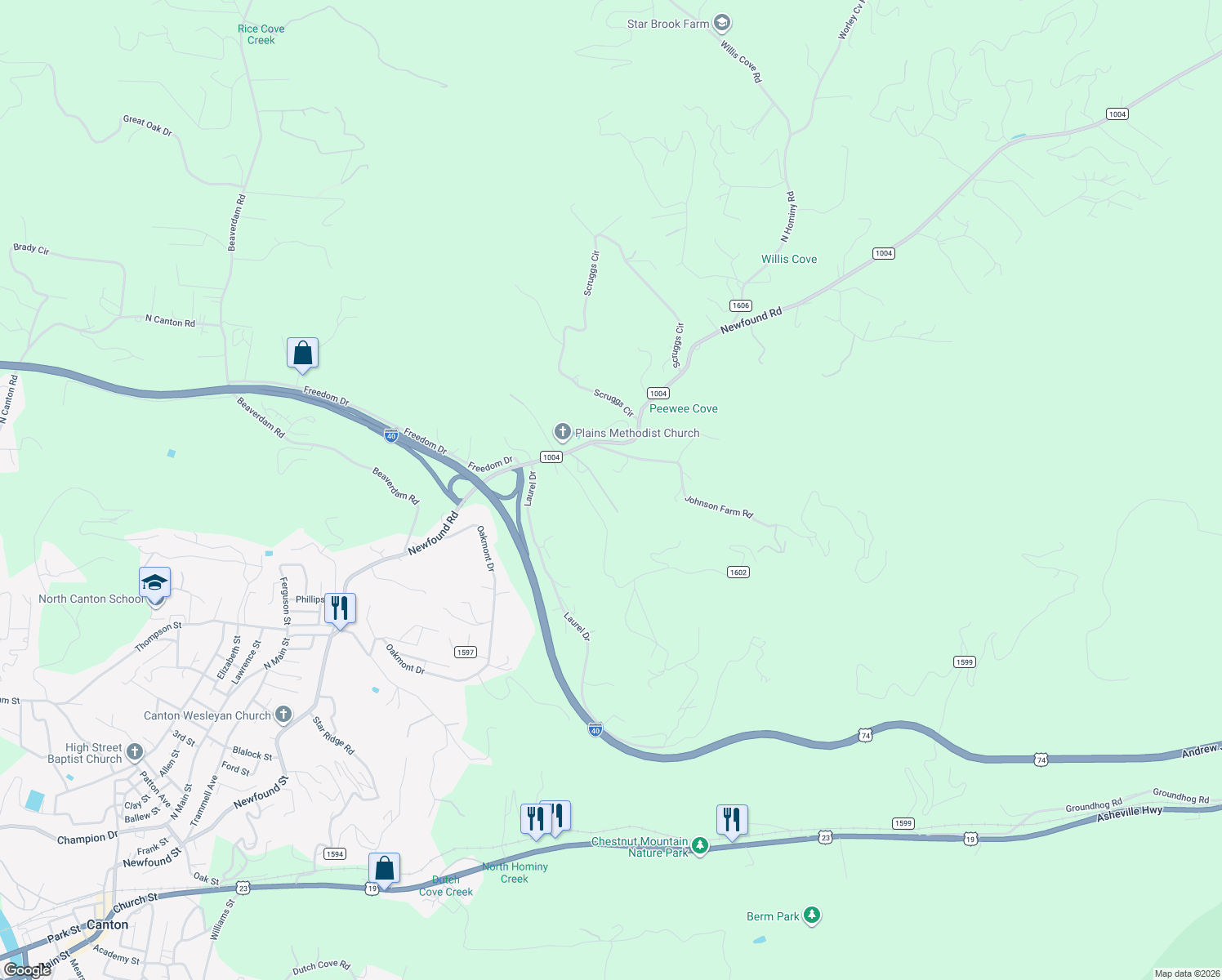 map of restaurants, bars, coffee shops, grocery stores, and more near 145 Keener Road in Canton