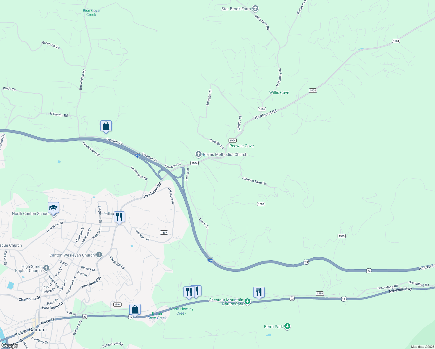 map of restaurants, bars, coffee shops, grocery stores, and more near 145 Keener Road in Canton