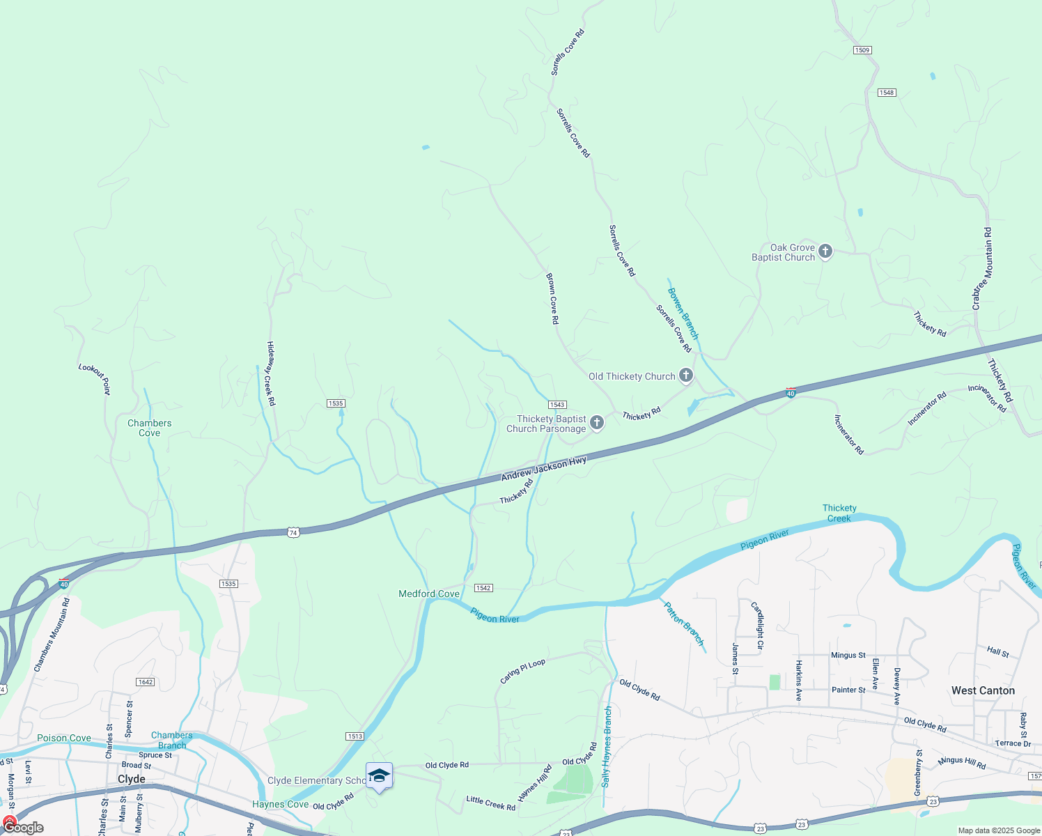 map of restaurants, bars, coffee shops, grocery stores, and more near 94 Moody Ridge Road in Clyde