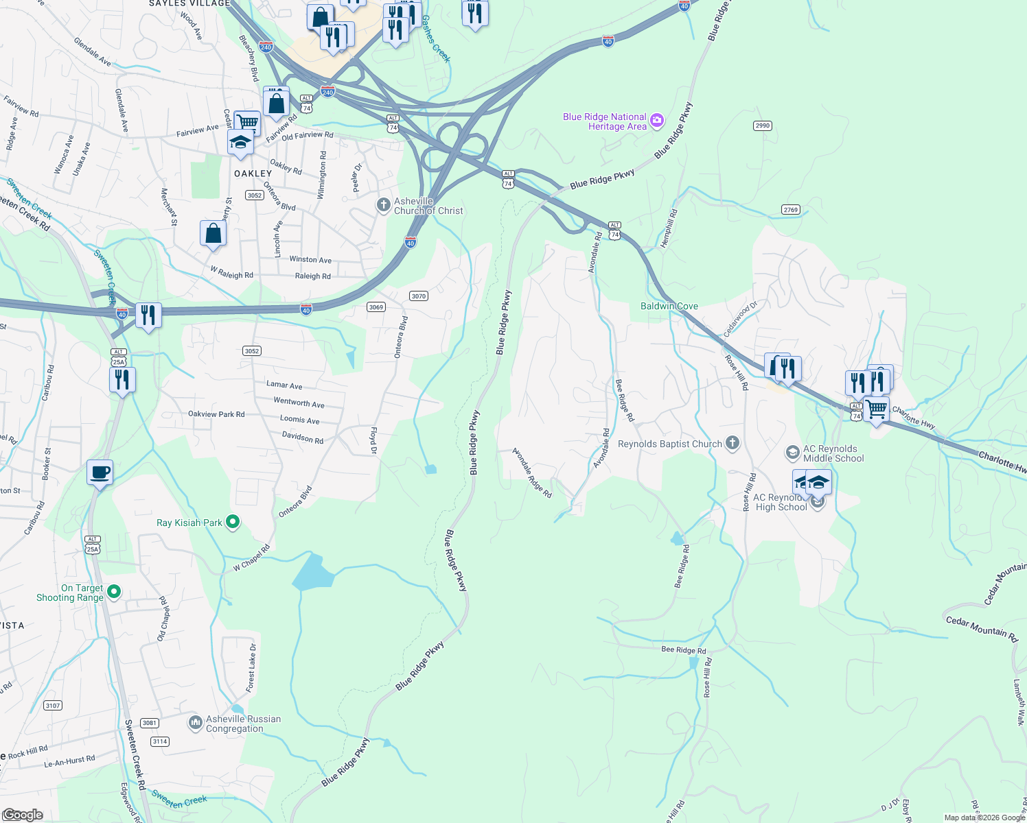 map of restaurants, bars, coffee shops, grocery stores, and more near 339 Ridge View Drive in Asheville