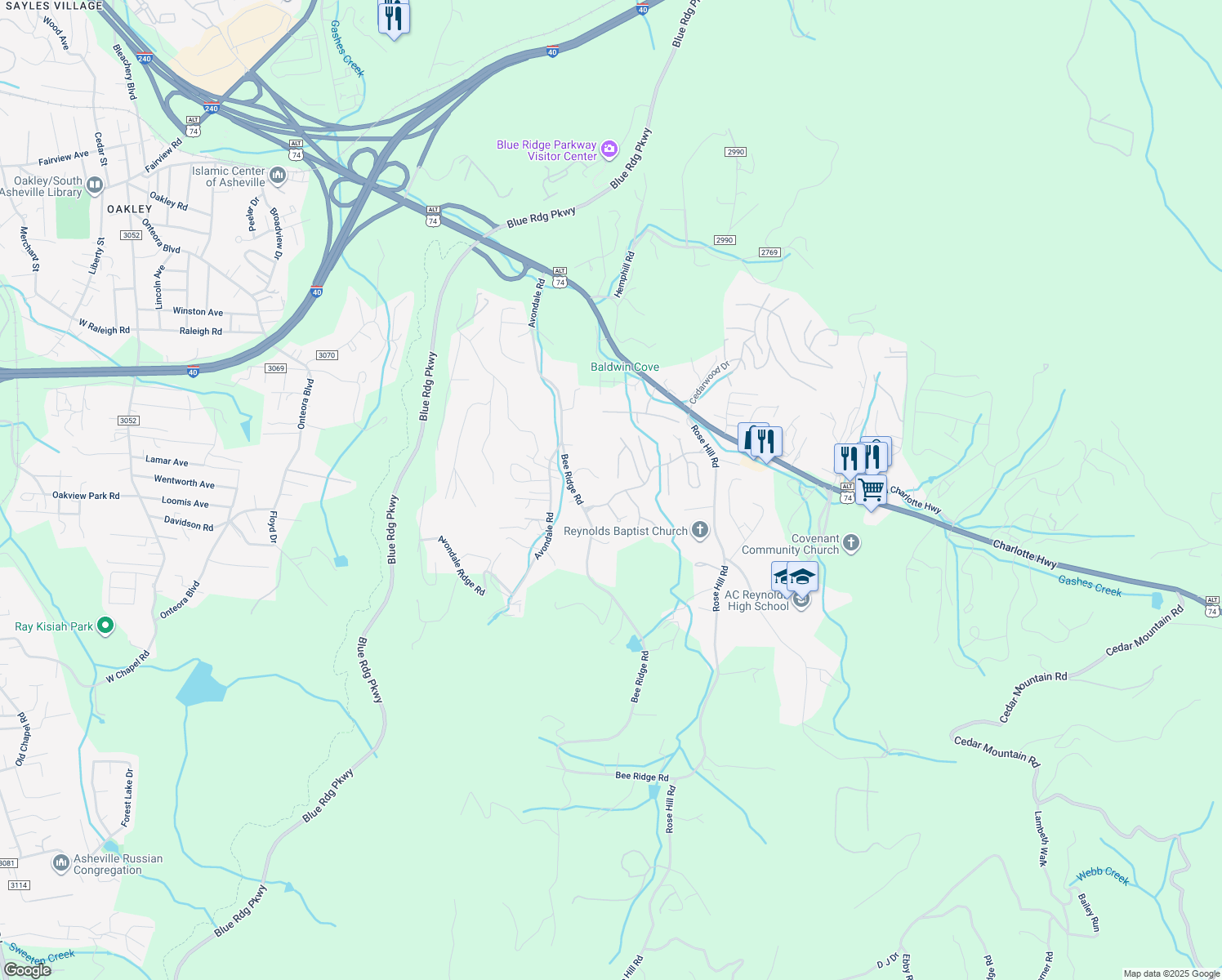map of restaurants, bars, coffee shops, grocery stores, and more near 85 Laurel Creek Drive in Asheville