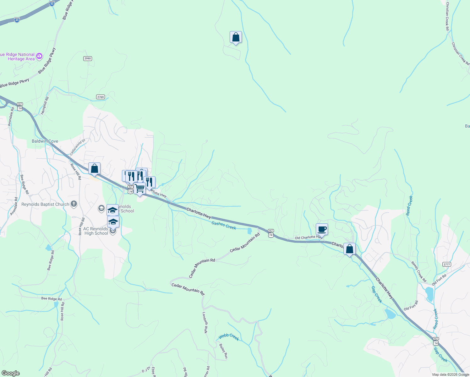map of restaurants, bars, coffee shops, grocery stores, and more near 130 Boulder Way in Asheville