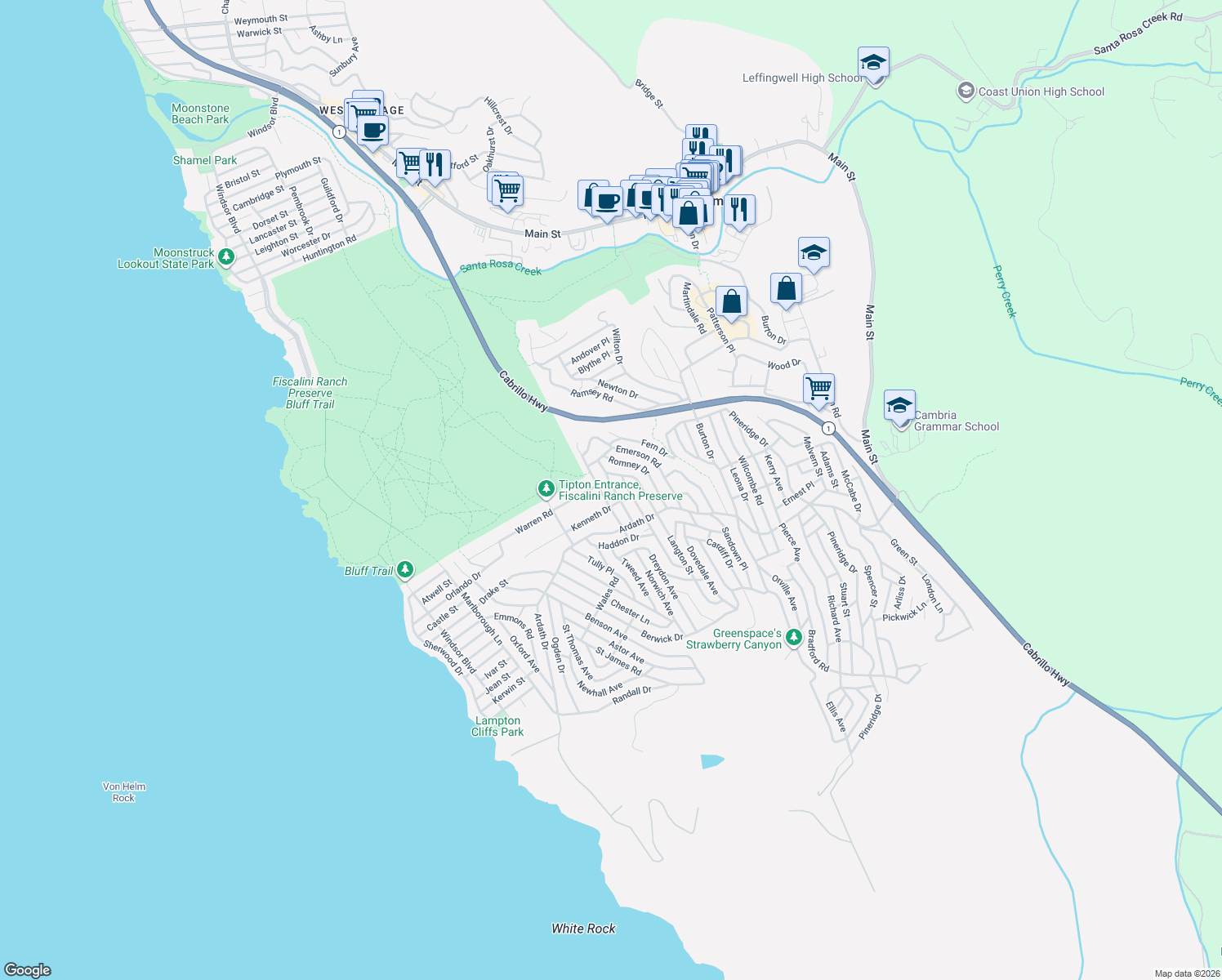 map of restaurants, bars, coffee shops, grocery stores, and more near 2441 Alban Place in Cambria