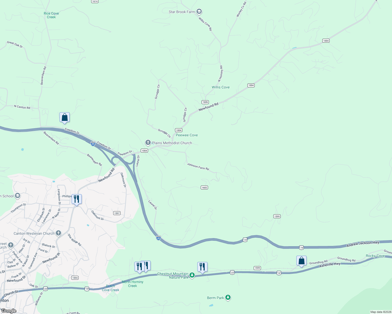 map of restaurants, bars, coffee shops, grocery stores, and more near 407 Johnson Farm Road in Canton