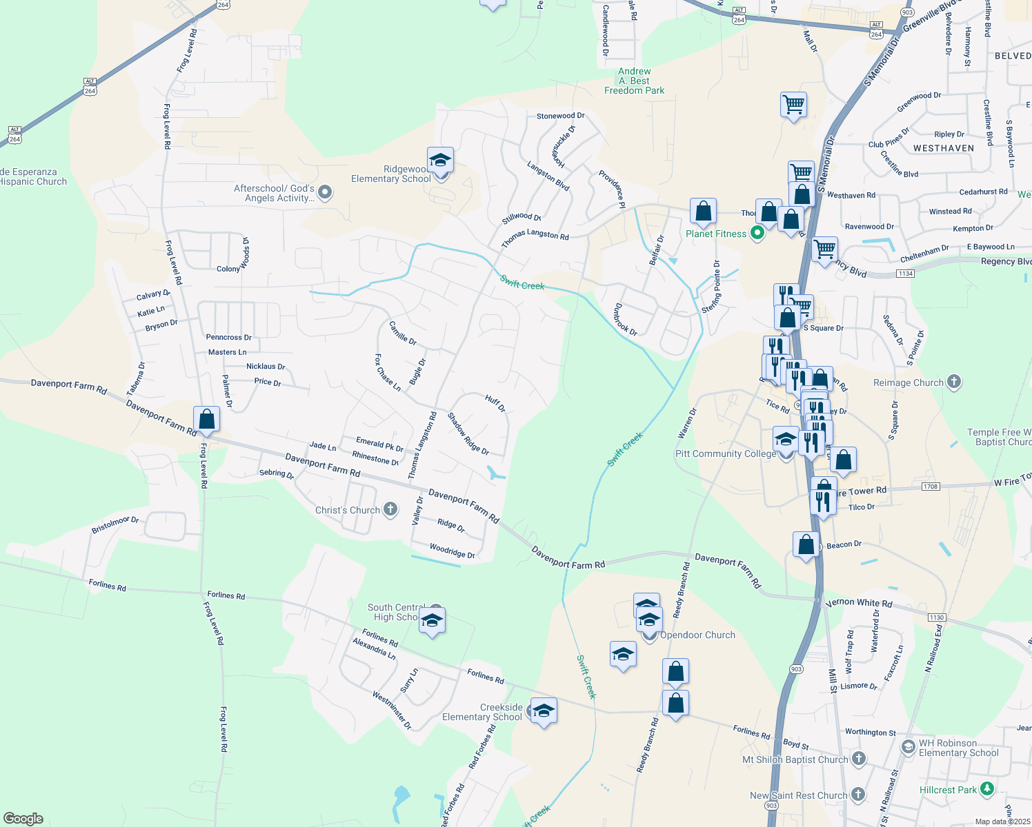 map of restaurants, bars, coffee shops, grocery stores, and more near 2005 Carey Court in Winterville