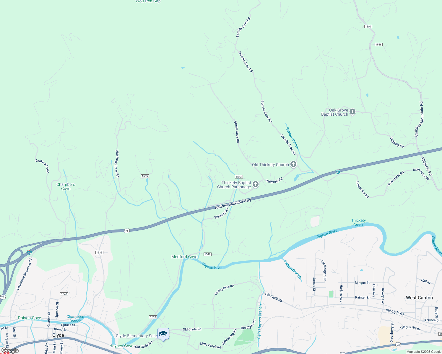 map of restaurants, bars, coffee shops, grocery stores, and more near 94 Moody Ridge Road in Clyde