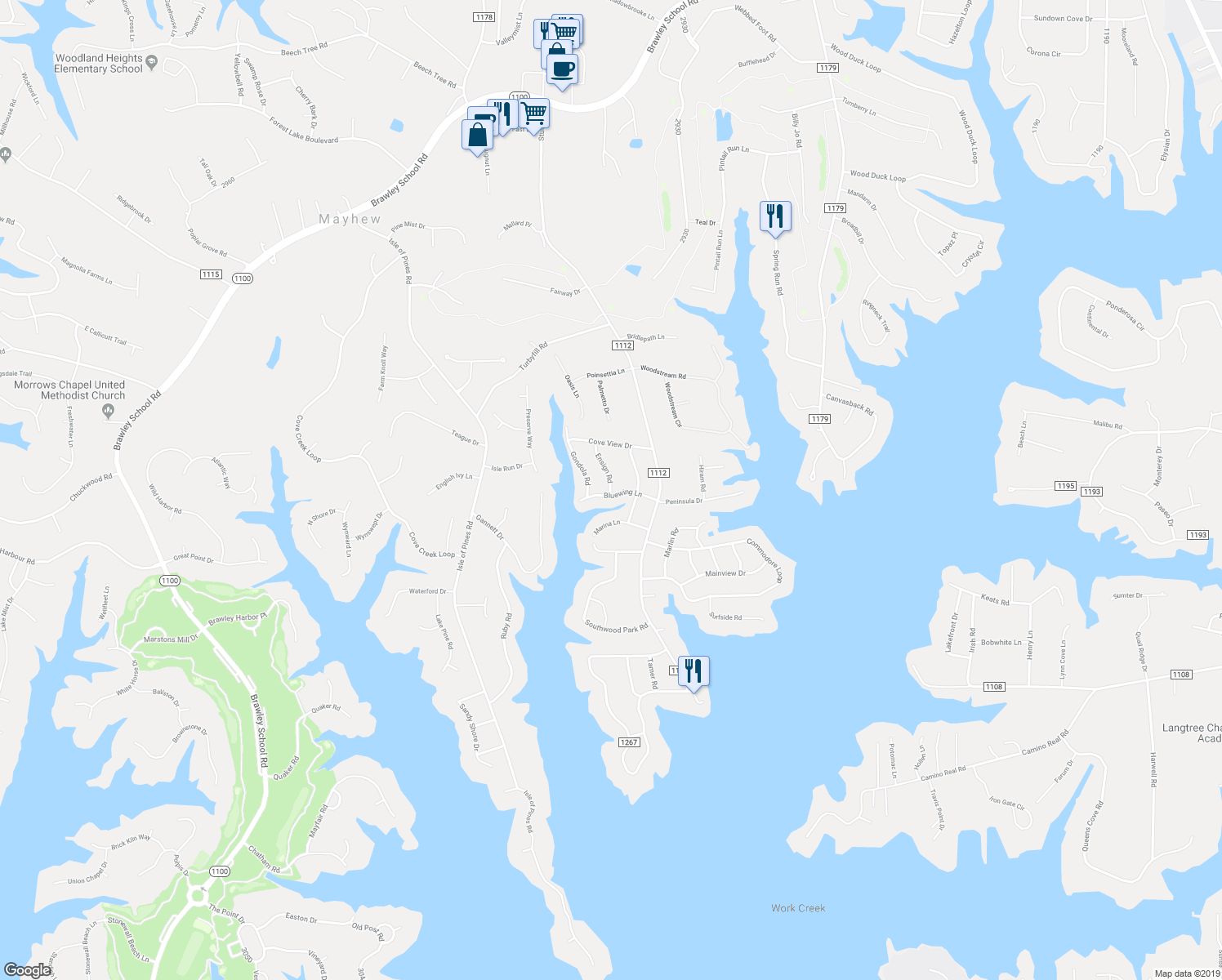 map of restaurants, bars, coffee shops, grocery stores, and more near 138 Bluewing Lane in Mooresville