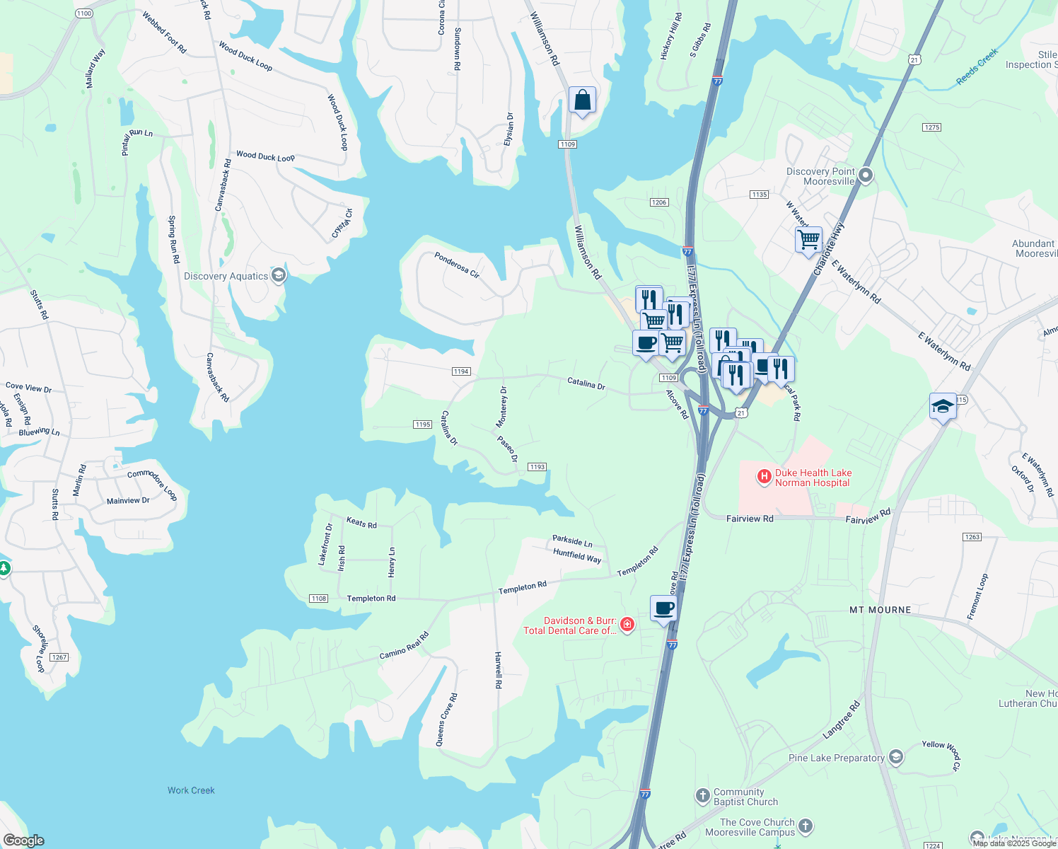 map of restaurants, bars, coffee shops, grocery stores, and more near Pallisades Court in Mooresville