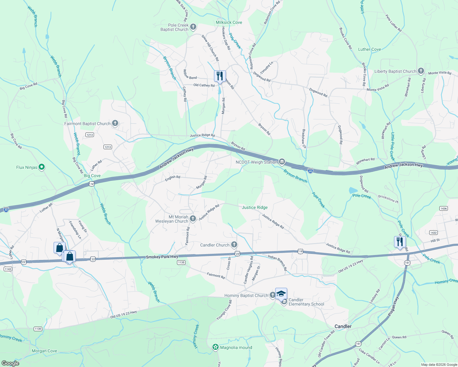 map of restaurants, bars, coffee shops, grocery stores, and more near 28 Hinson Drive in Candler