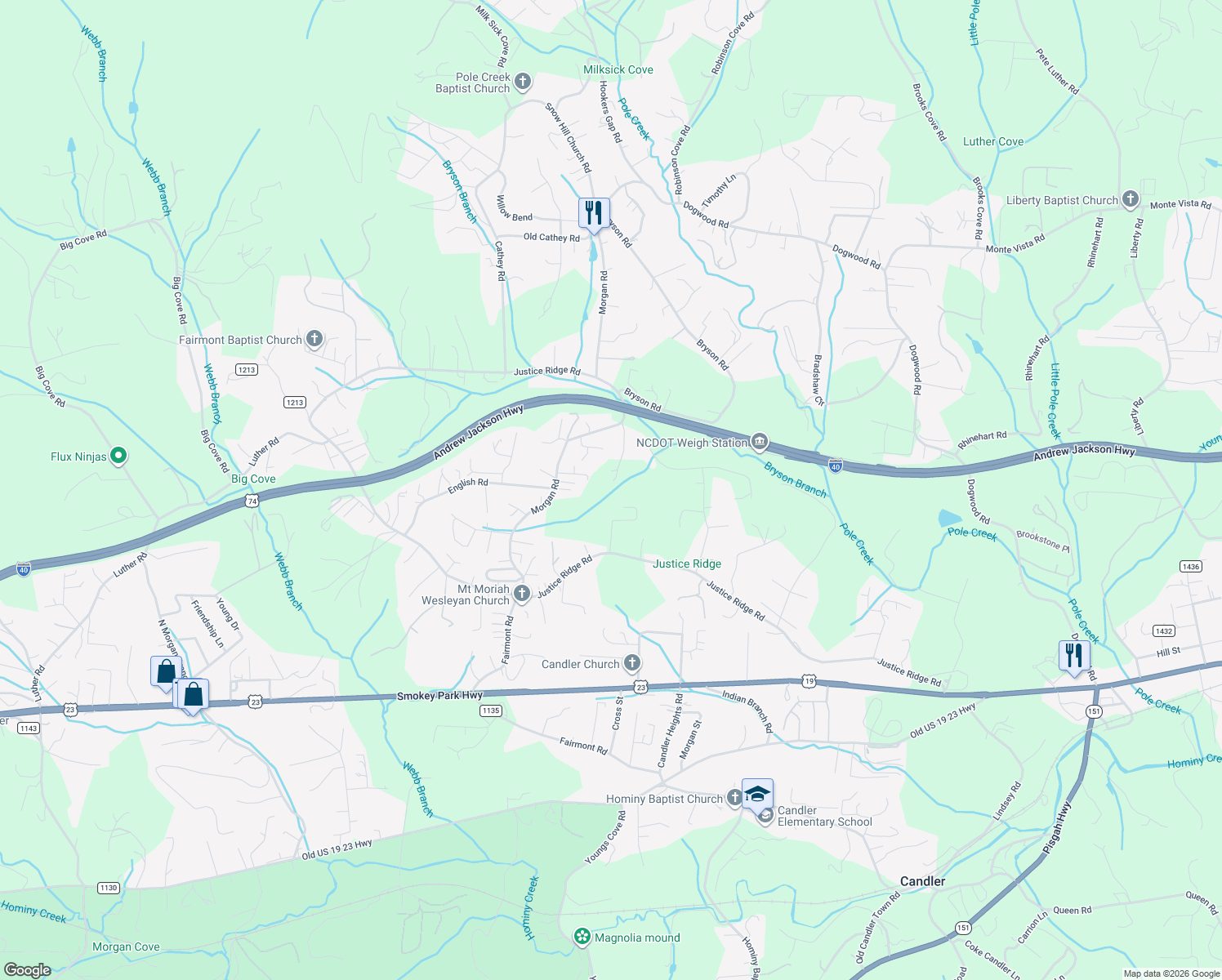 map of restaurants, bars, coffee shops, grocery stores, and more near 28 Hinson Drive in Candler