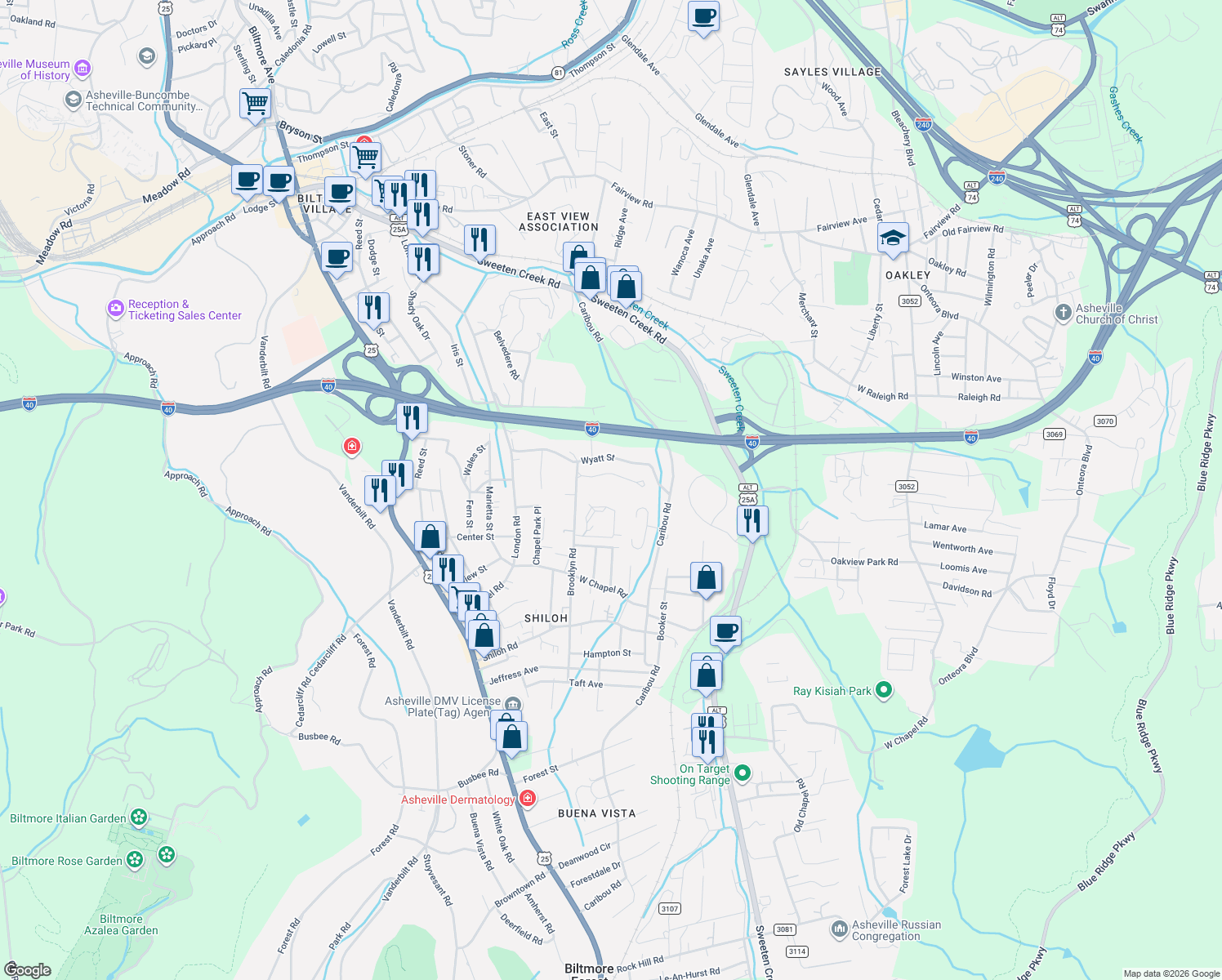 map of restaurants, bars, coffee shops, grocery stores, and more near 252 Brooklyn Road in Asheville