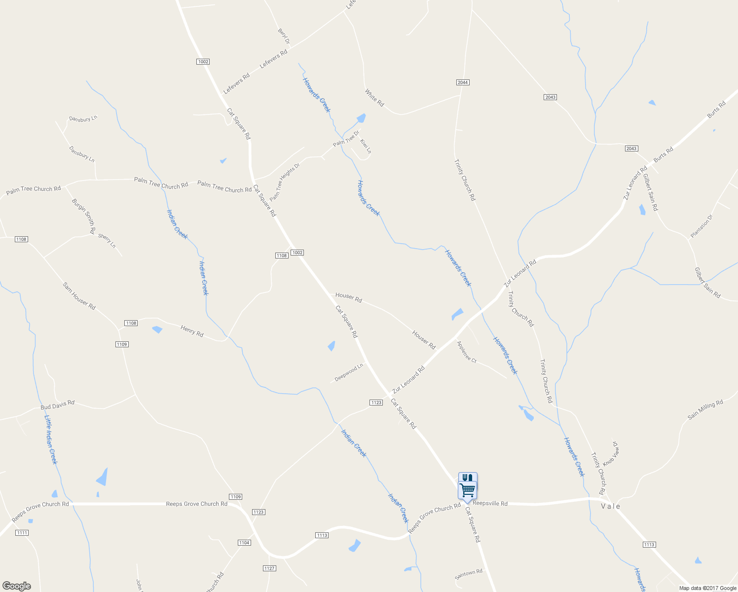 map of restaurants, bars, coffee shops, grocery stores, and more near 7208 Houser Road in Vale