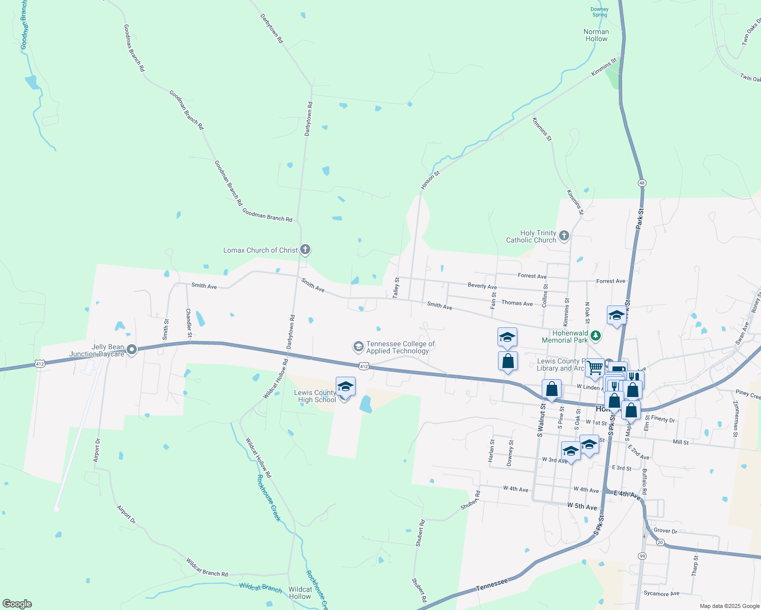map of restaurants, bars, coffee shops, grocery stores, and more near 802 Smith Ave in Hohenwald