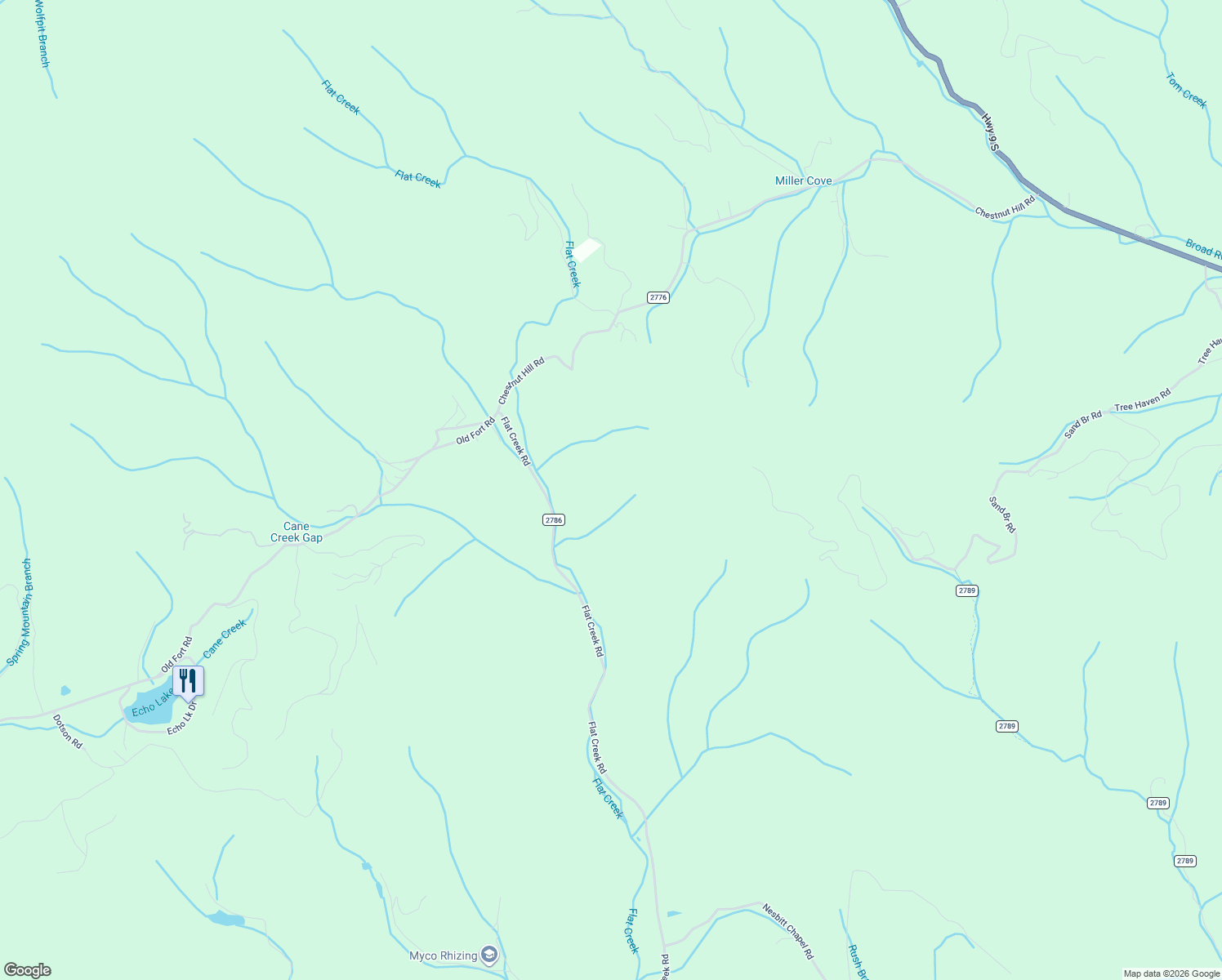 map of restaurants, bars, coffee shops, grocery stores, and more near 98 Flat Creek Road in Fairview