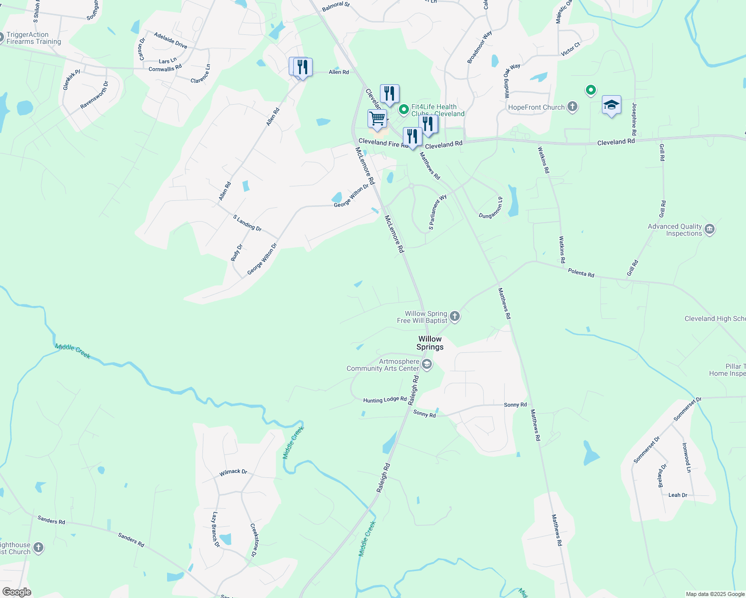 map of restaurants, bars, coffee shops, grocery stores, and more near 49 Abram Way in Clayton