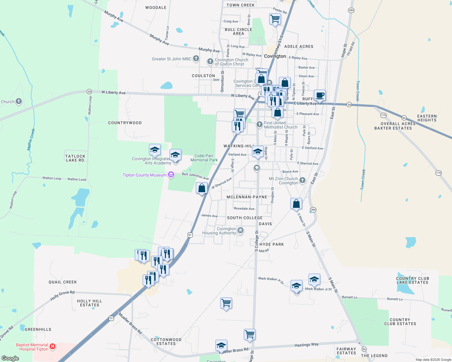 map of restaurants, bars, coffee shops, grocery stores, and more near 718 West Sherrod Avenue in Covington