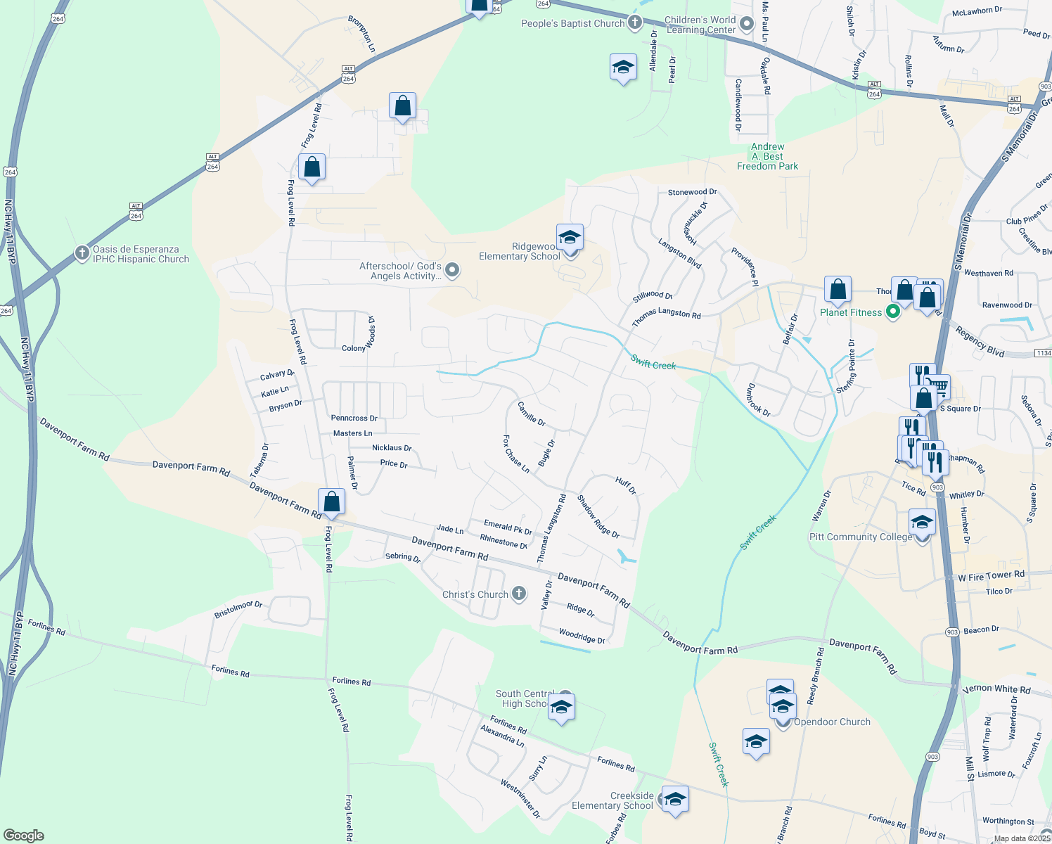 map of restaurants, bars, coffee shops, grocery stores, and more near 2629 Camille Drive in Winterville