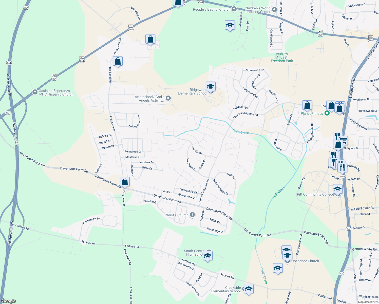 map of restaurants, bars, coffee shops, grocery stores, and more near 746 Fox Chase Lane in Winterville