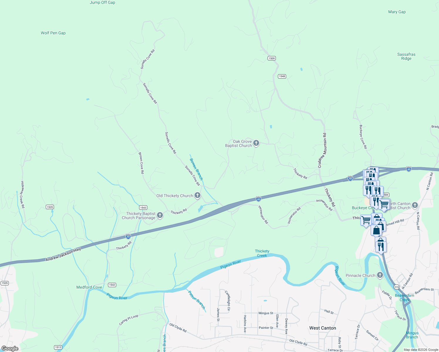 map of restaurants, bars, coffee shops, grocery stores, and more near 3407 Thickety Road in Clyde