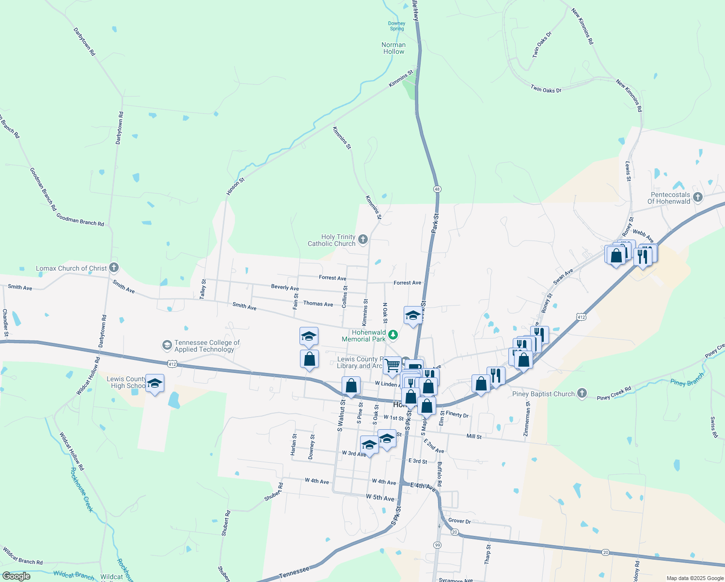 map of restaurants, bars, coffee shops, grocery stores, and more near 408 Kimmins Street in Hohenwald