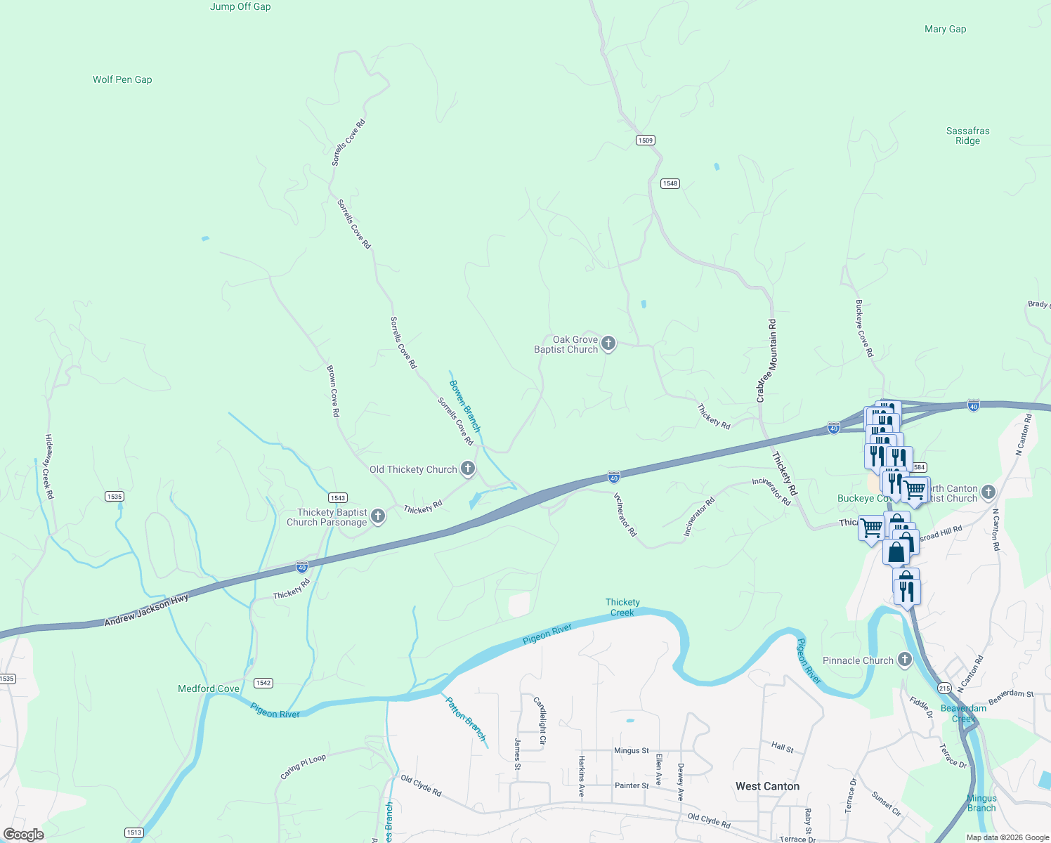 map of restaurants, bars, coffee shops, grocery stores, and more near 3407 Thickety Road in Clyde