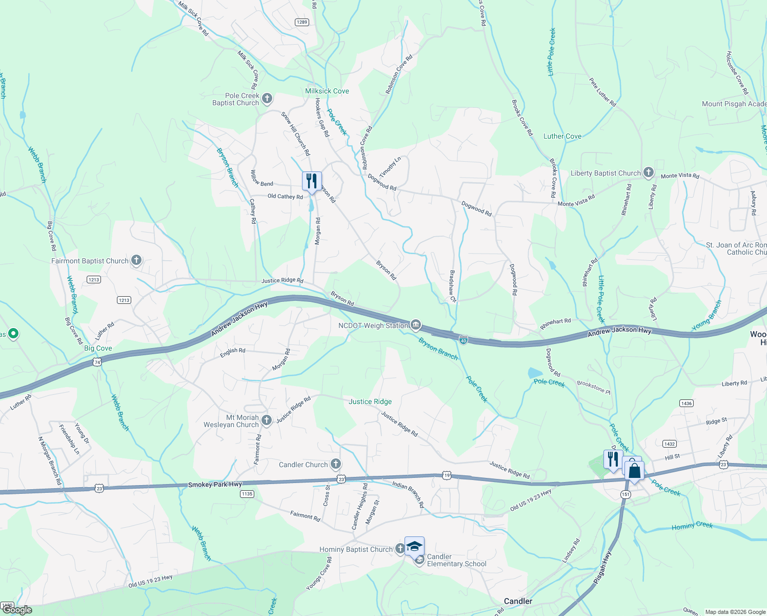 map of restaurants, bars, coffee shops, grocery stores, and more near 531 Bryson Road in Candler