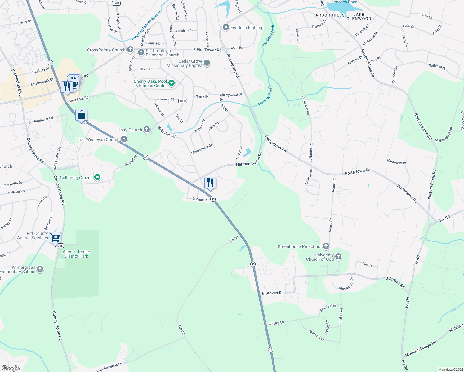 map of restaurants, bars, coffee shops, grocery stores, and more near 1280 Naples Drive in Greenville