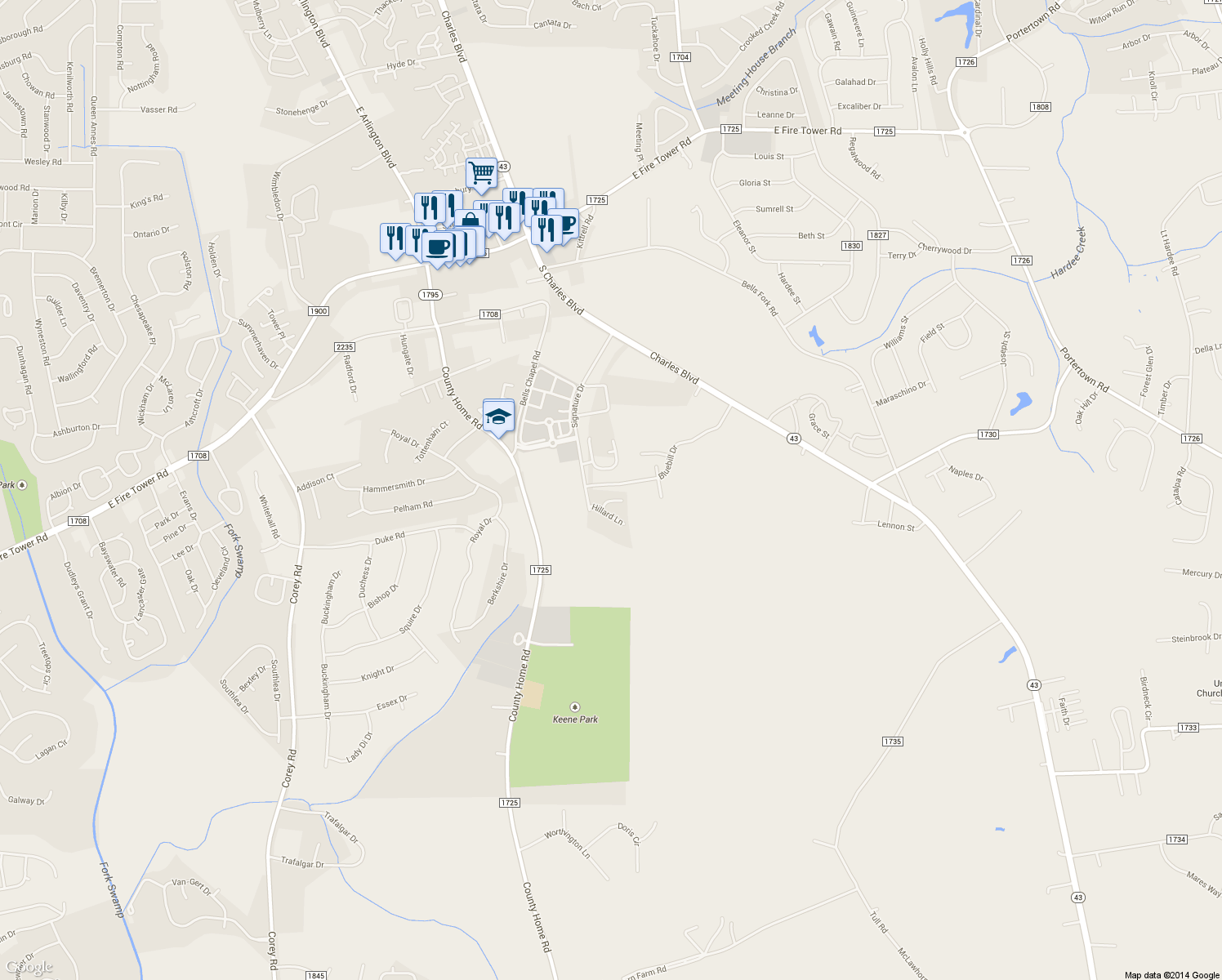 map of restaurants, bars, coffee shops, grocery stores, and more near 4020 Bluebill Drive in Greenville