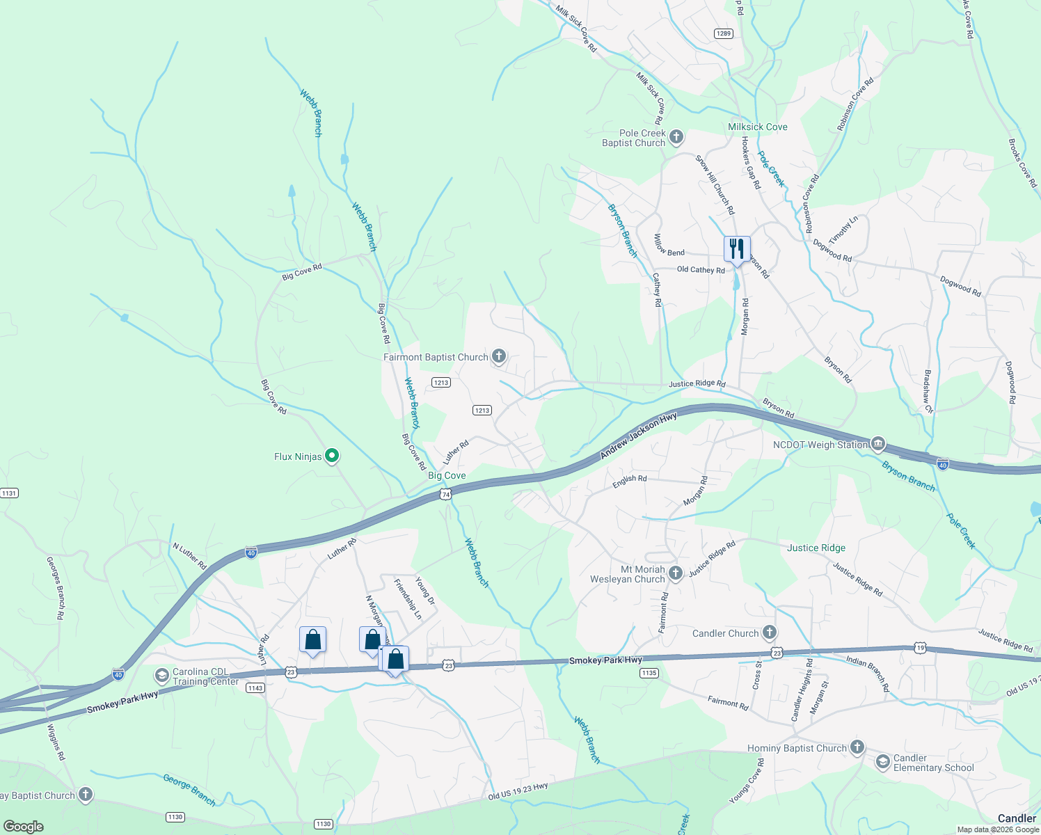 map of restaurants, bars, coffee shops, grocery stores, and more near 4 Jugtown Road in Candler