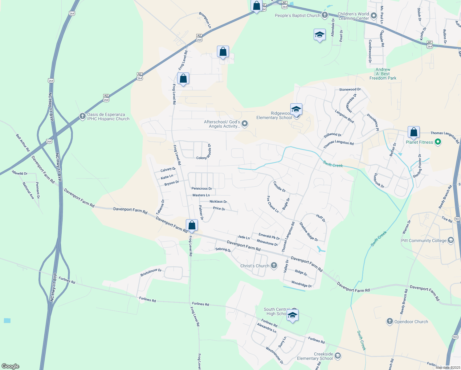 map of restaurants, bars, coffee shops, grocery stores, and more near 2133 Cherrytree Lane in Winterville