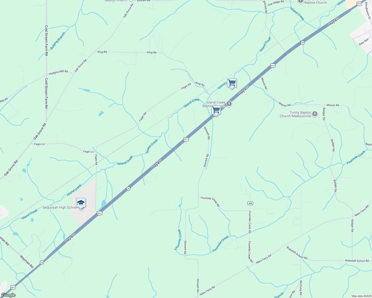 map of restaurants, bars, coffee shops, grocery stores, and more near 2745 U.S. 411 in Madisonville