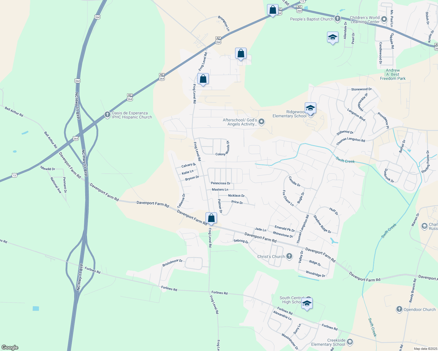 map of restaurants, bars, coffee shops, grocery stores, and more near 3616 Fescue Drive in Greenville