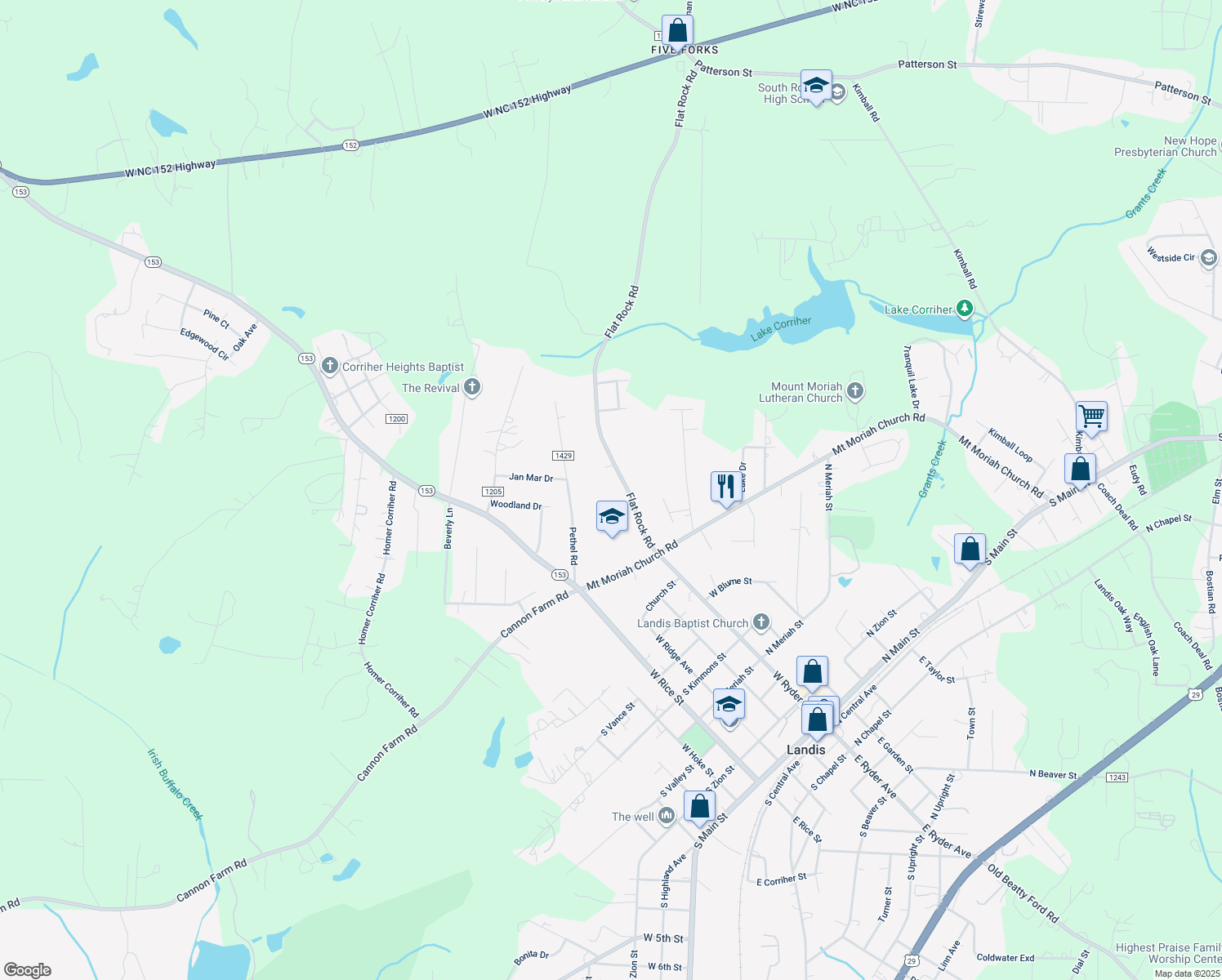 map of restaurants, bars, coffee shops, grocery stores, and more near 1185 Flat Rock Road in China Grove